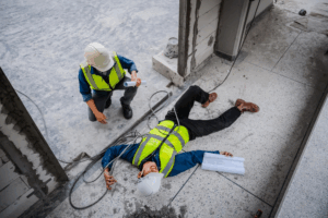 Two construction workers in safety gear; one is on the ground appearing hurt while the other kneels beside him, looking concerned. Tense and urgent setting.