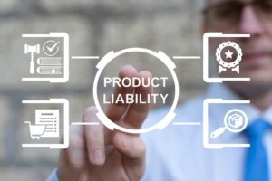 Product liability concept with legal compliance, certification, and product inspection icons.